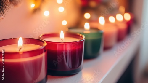 Festive red and green Christmas candles glowing warmly on a holiday mantle, creating a cozy and inviting atmosphere with soft bokeh lights.