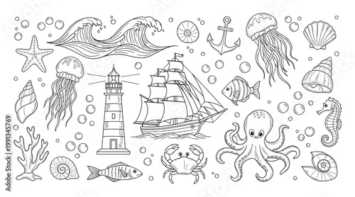 Engaging ocean life and nautical voyage icons suitable for childrens coloring pages educational activities or creative decorations
