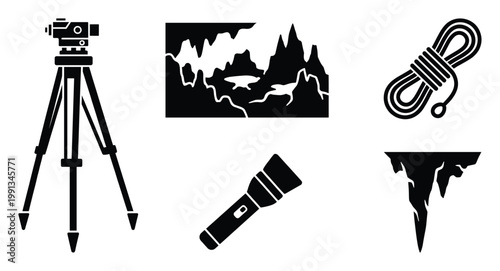Surveying instrument and outdoor gear icons illustrating exploration adventure and measurement concepts for various applications