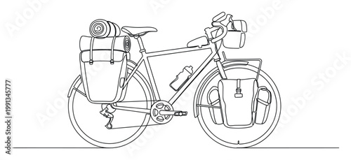 A single continuous line drawing of a fully loaded touring bicycle for outdoor adventure and longdistance cycling trips