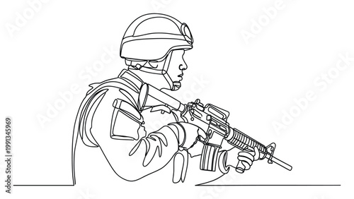 Continuous line art of a soldier with a rifle, perfect for military and security themed designs.