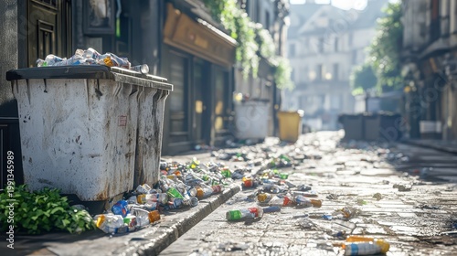 Overflowing city trash containers and litter scattered on a cobblestone street with buildings in the background.
