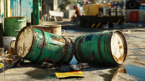 Toxic waste barrels in industrial setting during daylight cleanup operations showing detailed textures