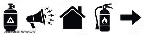 Home safety emergency response infographic with icons for gas hazard, alarm notification, building action, and fire suppression direction