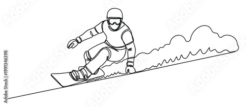 Minimalist continuous line drawing of an extreme sports snowboarder carving down a mountain slope for winter adventure promotion materials.