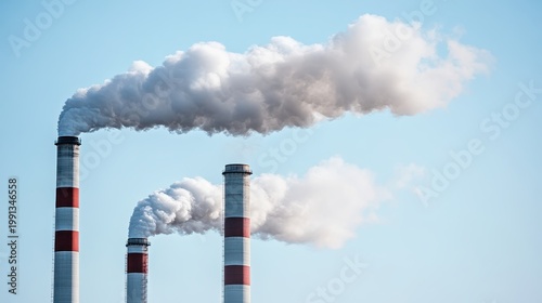 Two Industrial Smokestacks Emitting Thick White Smoke Against a Cloudy Sky