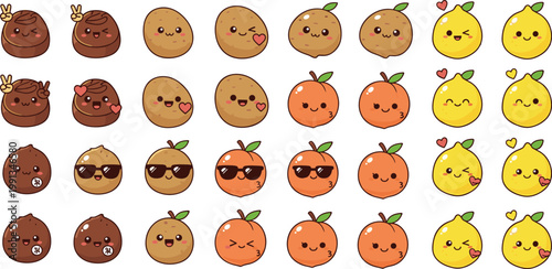Cute fruit and potato cartoon character set with funny kawaii orange lemon and potato mascots vector illustration
