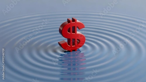 Red dollar sign standing in calm water creating gentle ripple waves financial symbol concept