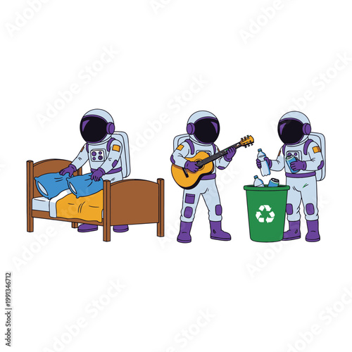 Astronauts performing daily activities in space suits