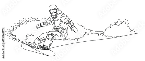 Dynamic continuous line drawing of a snowboarder actively carving through fresh powder for winter sports marketing