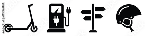 Sustainable urban travel icons featuring electric scooter charging station signpost and safety helmet for transportation navigation and ecofriendly mobility applications.
