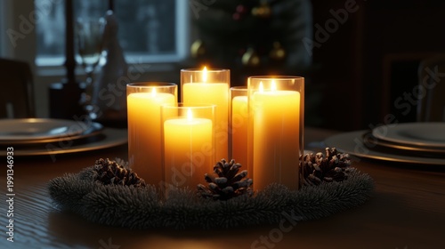 Warm Glowing Christmas Candles in a Festive Centerpiece Arrangement on a Table with Pinecones and Evergreen