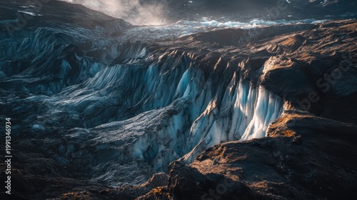 Vast diminishing glacier ice in a dramatic mountain landscape, showcasing climate change impact from an aerial perspective.