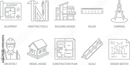 architectural icons set, blueprint, drafting tools, construction plan
