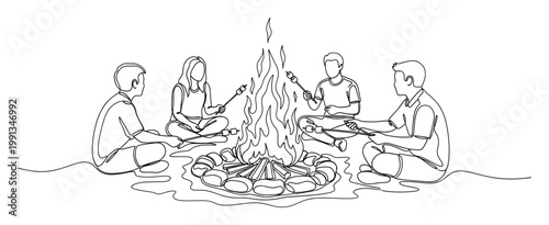 Group of friends gathered around an outdoor campfire roasting marshmallows for a relaxing camping trip