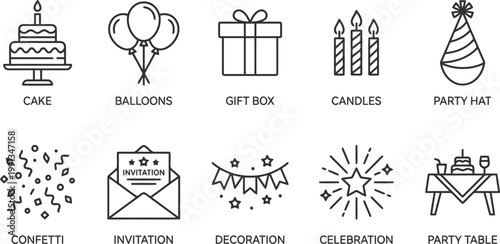 black and white line icons for birthday party celebration