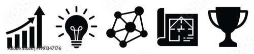 Growth chart, lightbulb, network, blueprint, and trophy icons for business progress and achievement