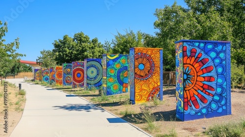 Vibrant outdoor art installations featuring intricate colorful murals lining a path under a clear blue sky
