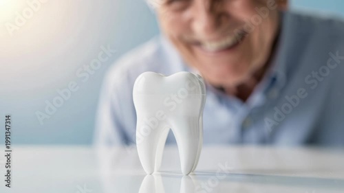 Joyful elderly man smiling brightly holding large shiny white tooth model health care concept