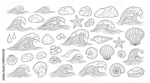 Handdrawn ocean waves, sea rocks, marine shells, and starfish for various aquatic themed projects