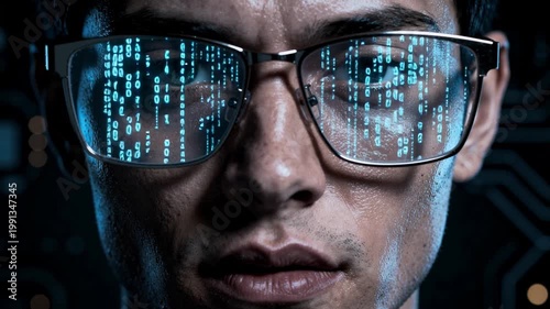Focused individual wearing glasses with cascading digital code reflecting on screen futuristic technology concept