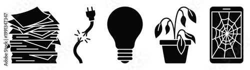 Icon set symbolizing work stress, broken power, idea block, neglect, and forgotten technology visuals