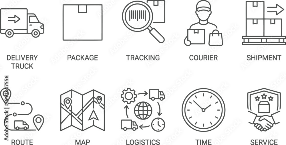 Fototapeta premium Logistics and delivery icons set, shipment and courier service symbols