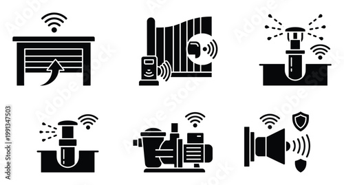 Smart home automation icons for modern residential control systems including garage, gate, irrigation, pump, and security solutions