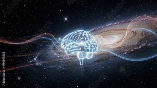 Glowing human brain surrounded by cosmic energy and stars symbolizing vast intelligence and creativity