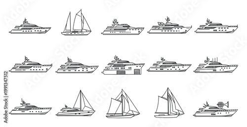 Monochrome outline icons featuring a variety of luxury motor yachts and classic sailboats perfect for marine tourism business graphics
