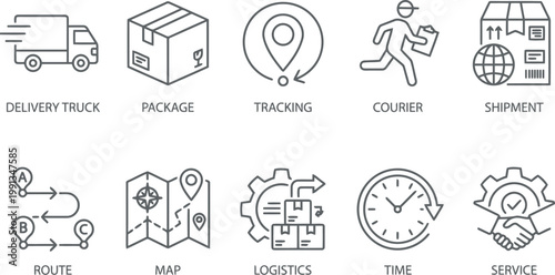 Logistics and shipping icons set, delivery truck, package tracking