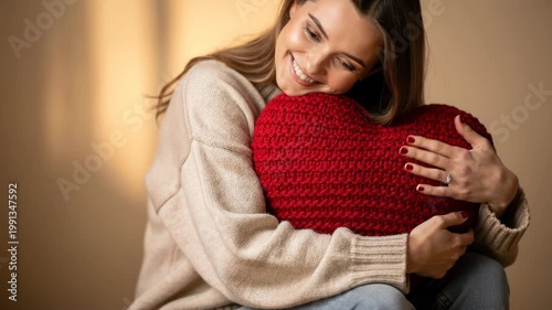 Happy woman in cozy beige sweater hugging large red knitted heart pillow smiling warmly indoors