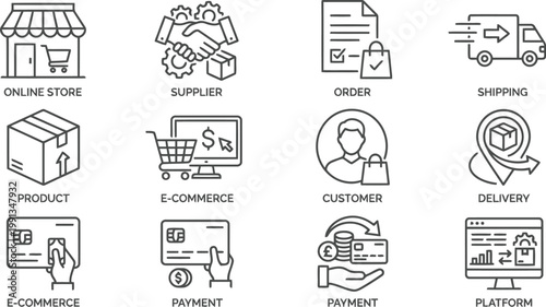 E commerce and online shopping icons, business and payment concepts