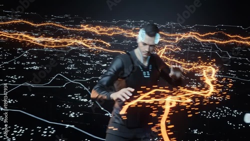 Futuristic man with glowing digital brain interface navigating advanced technology network