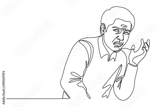 Continuous line illustration of a confused man with a questioning expression, suitable for conceptual messaging.