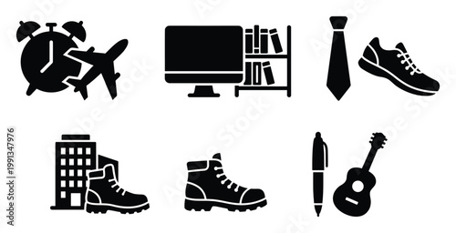 Versatile set of black silhouette icons depicting daily activities, business, and leisure pursuits for professional graphic designs