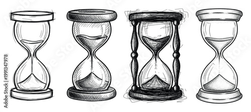Hand drawn hourglass time measurement symbols for historical concepts deadlines urgency and countdown graphics