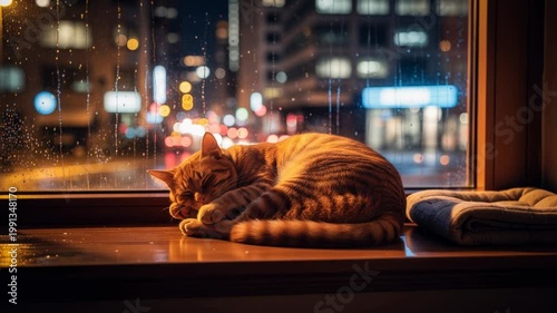 Cozy ginger cat sleeping peacefully on a windowsill with raindrops falling outside in a calm home setting