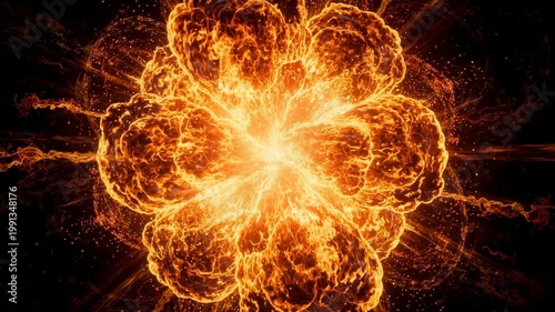 Fiery explosion bursting outward with molten energy and bright sparks in a dramatic display