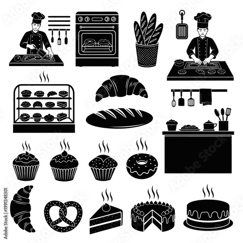 Bakery Scene with Chefs Preparing Pastries and Treats