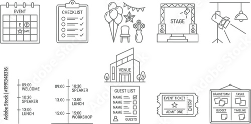 event planning icons, outline style, checklist, calendar, guest list, ticket, stage
