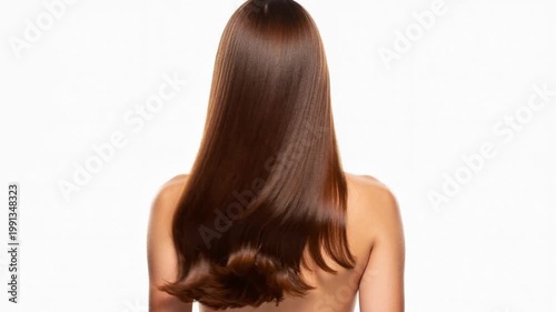 Serene video of a woman with long smooth shiny brown hair gently flowing in natural light