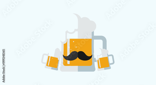 Funny beer mug character with a mustache holding beer glasses.