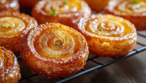 Close up of golden spiral pastries on a cooling rack culinary delight