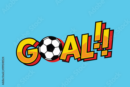 Goal text with soccer balls in comic pop art style. Bold colorful typography with sporty vibe