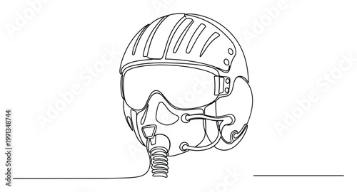 Modern continuous line drawing of a fighter pilot helmet with a visor and oxygen mask for aerospace industry graphics