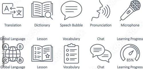 line icons for language learning concepts