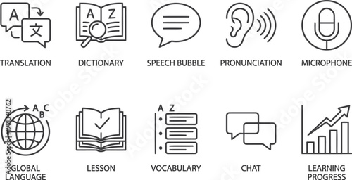 line icons for language learning concepts