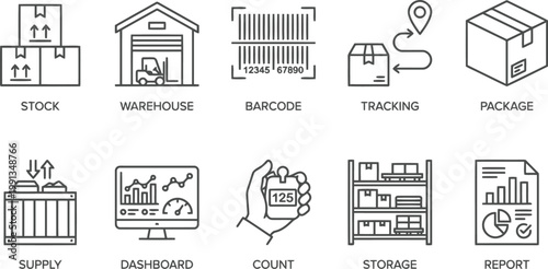 Logistics and inventory management icons set