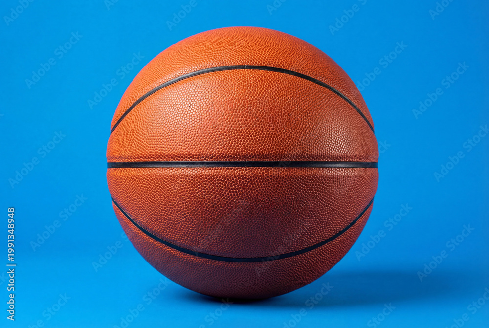 Fototapeta premium Professional orange basketball isolated on solid blue background with studio lighting and texture details